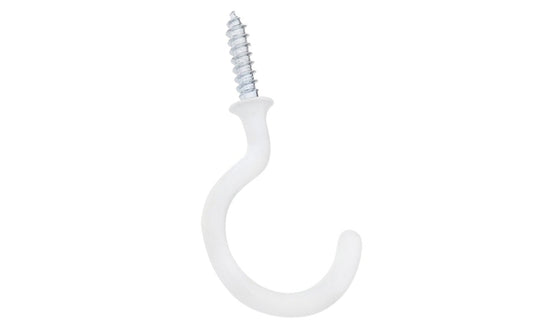 These 1-1/2" white vinyl coated steel cup hooks are designed for hanging workshop, home & industrial products. For interior & exterior applications. Sharp screw points bite into wood easily & quickly. National Hardware Model No. N248-450. 038613248458