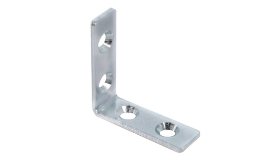 1-1/2" Zinc-Plated Corner Brace. These corner braces are designed for furniture, cabinets, shelving support, etc. For quick & easy repair of items in the workshop, home, & other applications. Steel material with a zinc plated finish. Countersunk holes. Sold as singles, or bulk box of (48) corner irons. 1-1/2" size. 