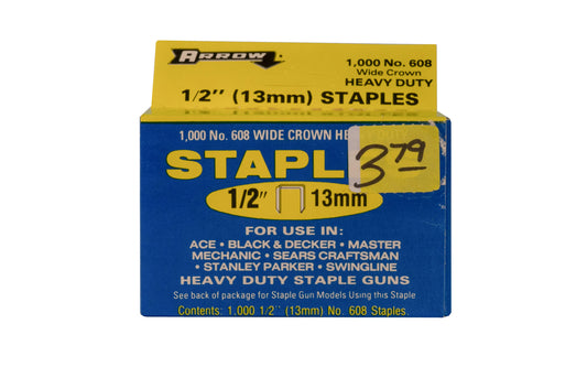 Arrow 1/2" (13 mm) Staples - No. 608 ~ Wide Crown Heavy Duty 1000 Pk