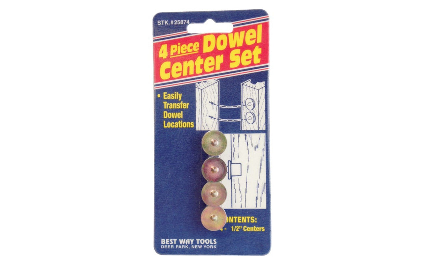 Best Way Tools 1/2" Dowel Centers - 4 PC Set. Makes dowel positioning quick & easy. Accurately marks holes for drilling. Includes 4 centers. Four piece set. Model 25874. 080497258740