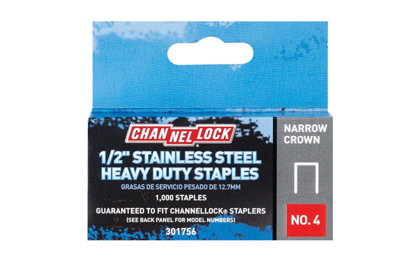 Channellock No. 4 Narrow Crown Stainless Steel 1/2" HD Staples - 1000 Staples. 009326333328. VR11709.  Model 301756.