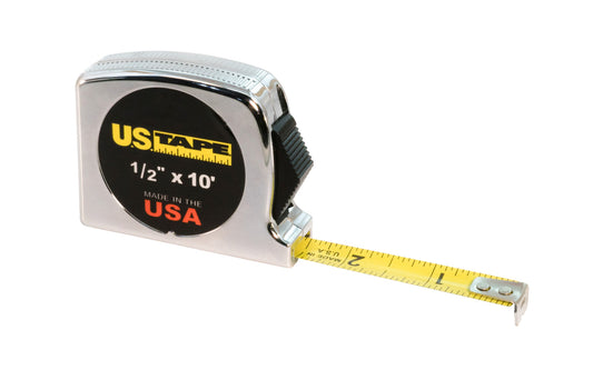This U.S. Tape 1/2" x 10' Tape Measure has a .0045" thick steel blade with an impact resistant ABS plastic case with a chrome look. Heavy duty spring & a positive lock for durability on tape measure. Easy-to-read oversized numbers & 1/16" graduations. US Tape Classic Series. Made in USA. Model 56705. 727659567059