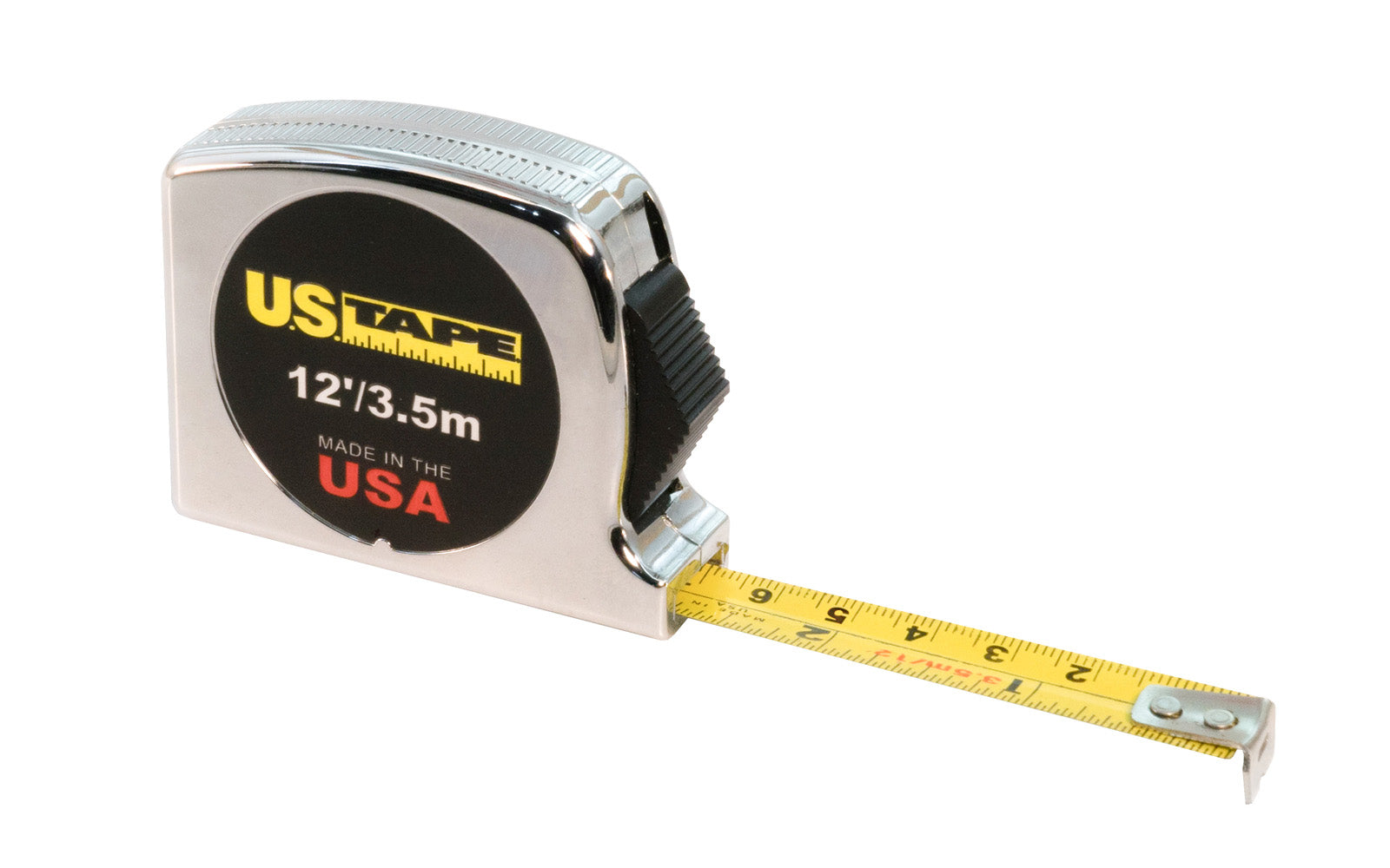 This U.S. Tape 1/2" x 12' / 3.5m Tape Measure has a .0045" thick steel blade with an impact resistant ABS plastic case with a chrome look. Heavy duty spring & a positive lock for durability on tape measure. Easy-to-read oversized numbers. US Tape Classic Series. Made in USA. Model 56737. 727659567370. Standard & Metric