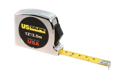 This U.S. Tape 1/2" x 12' / 3.5m Tape Measure has a .0045" thick steel blade with an impact resistant ABS plastic case with a chrome look. Heavy duty spring & a positive lock for durability on tape measure. Easy-to-read oversized numbers. US Tape Classic Series. Made in USA. Model 56737. 727659567370. Standard & Metric