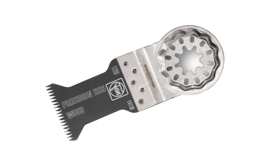 Made in Germany - Fein Tools 1-3/8" wide E-Cut Wood Precision HCS Blade. 2" Blade Depth. Double-row Japanese teeth for all wood materials, drywall & soft plastics. Fastest work performance & maximum precision. Narrow, waisted shape for optimal cutting speed & good swarf removal. Starlock Mounting