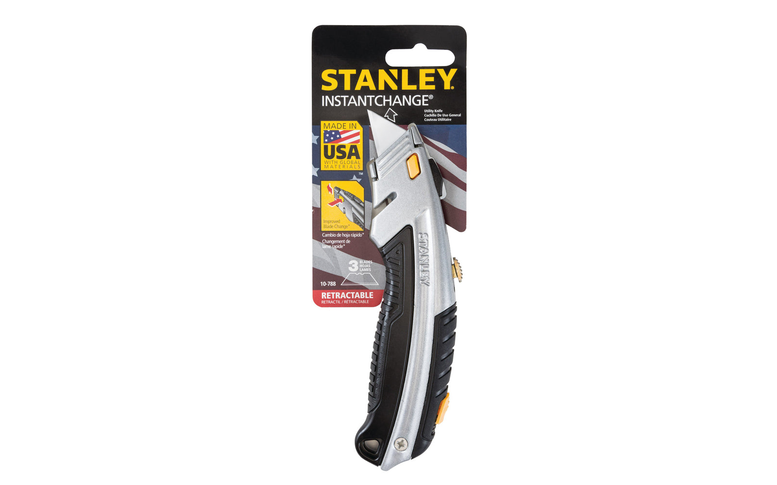 Made in USA · Model No. 10-788 ~ Retractable blade - Stanley 6-5/8" "Instantchange" Knife. Just press a button - no tools are needed. Strong, durable construction combines a cast metal core with bi-material soft panels for a sure grip. Curved handle design for comfort, control & balance. Includes (3) utility blades