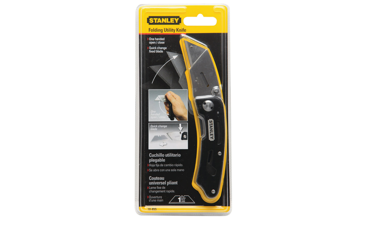 Stanley 5-3/4" Folding Fixed Utility Knife is durable & convenient. Easy to open & close the knife with one hand & clips onto your belt with the stainless steel hook. Aluminum design for lightweight, tool-free blade changes, & accepts standard utility & hook blades, a great & handy tool for your toolbox. Model 10-855