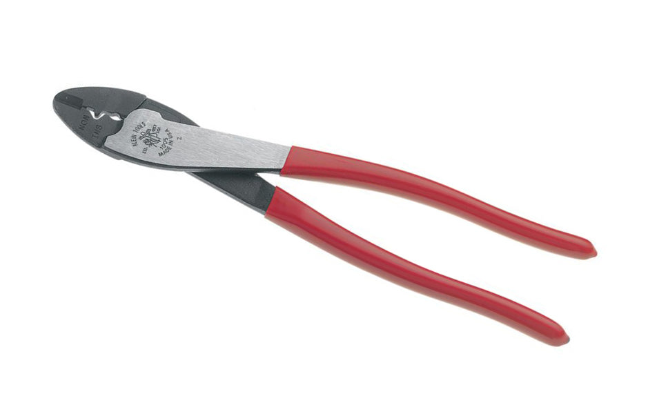 The Klein Tools Crimping & Cutting Tool 1005 crimps both insulated & non-insulated 10-22 AWG terminals & connectors. The tapered nose which is great when working in tight spaces. The wire cutter in the nose specially hardened for long life. Model 1005. Made in USA. 092644742040. Crimping & Cutting Tool for Connectors