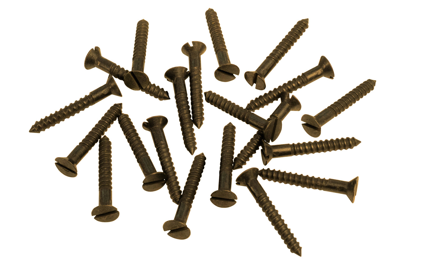 Solid Brass #7 x 1" Flat Head Slotted Wood Screws. Traditional & classic vintage-style countersunk wood screws. Sold as 20 pieces in a bag. Slot screws. Antique Brass Finish.