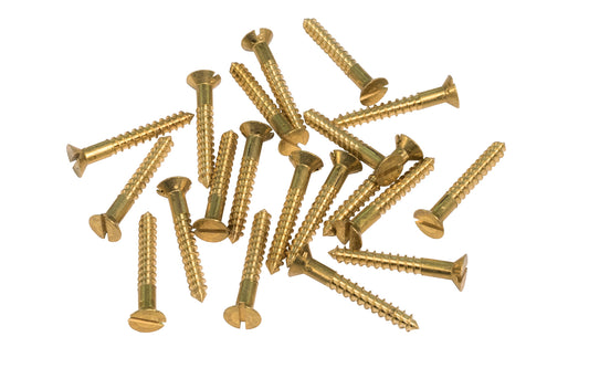 Solid Brass #7 x 1" Flat Head Slotted Wood Screws. Traditional & classic vintage-style countersunk wood screws. Sold as 20 pieces in a bag. Slot screws. Unlacquered brass (will patina naturally). Non-Lacquered Brass. Un-lacquered brass.