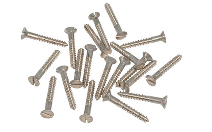 Solid Brass #7 x 1" Flat Head Slotted Wood Screws. Traditional & classic vintage-style countersunk wood screws. Sold as 20 pieces in a bag. Slot screws. Polished Nickel Finish.