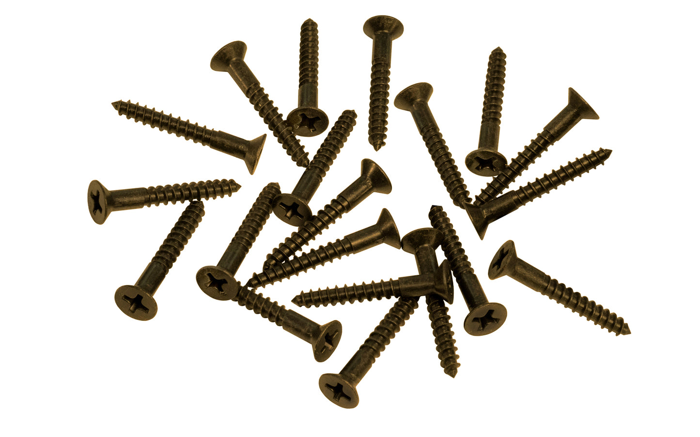 Solid Brass #7 x 1" Flat Head Phillips Wood Screws. Traditional & classic vintage-style countersunk wood screws. Sold as 20 screws in bag. Antique Brass Finish.
