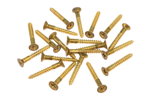 Solid Brass #7 x 1" Flat Head Phillips Wood Screws. Traditional & classic vintage-style countersunk wood screws. Sold as 20 screws in bag. Unlacquered Brass (will patina over time). Non-Lacquered Brass. Un-lacquered brass.