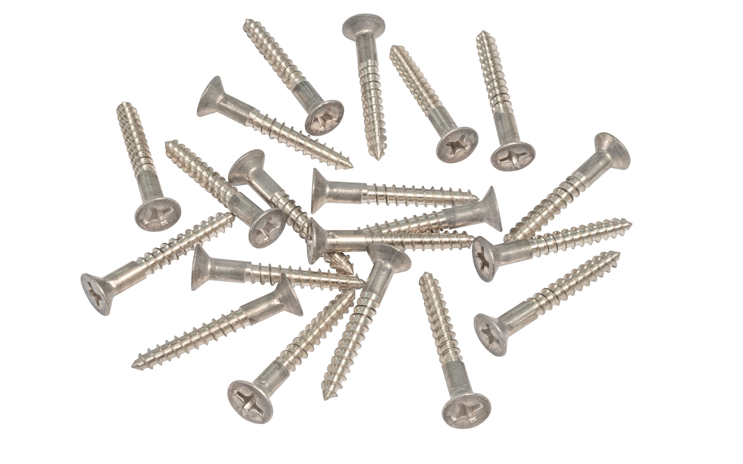 Solid Brass #7 x 1" Flat Head Phillips Wood Screws. Traditional & classic vintage-style countersunk wood screws. Sold as 20 screws in bag. Polished Nickel Finish.