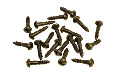 Solid Brass #5 x 5/8" Round Head Slotted Wood Screws. Traditional & classic vintage-style wood screws. Sold as 20 pieces in a bag. Antique brass finish. Slotted Head
