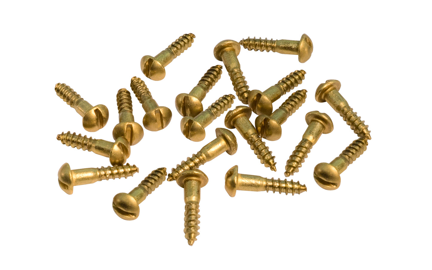 Solid Brass #5 x 5/8" Round Head Slotted Wood Screws. Traditional & classic vintage-style wood screws. Sold as 20 pieces in a bag. Available in Unlacquered brass Non-Lacquered Brass (will patina over time). Slotted Head