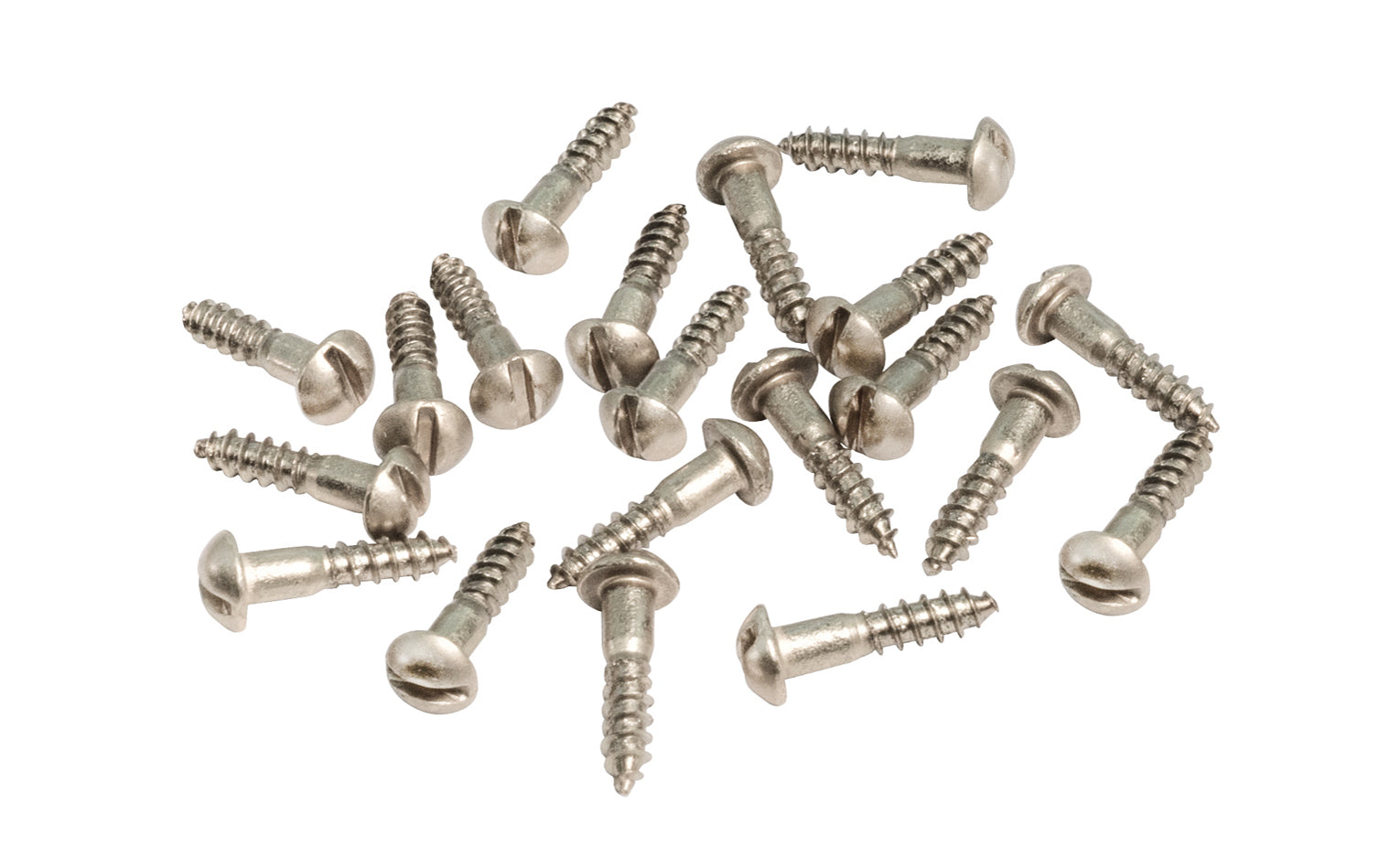Solid Brass #5 x 5/8" Round Head Slotted Wood Screws. Traditional & classic vintage-style wood screws. Sold as 20 pieces in a bag. Polished nickel finish. Slotted Head