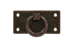 Vintage-style Hardware · Solid Brass Hammered Ring Drop Pull. Designed in the Mission or Arts & Crafts style, Gustav Stickley style hardware. Rustic hammered drop pull. Antique copper finish. Four round-head slotted screws. Thick solid brass drop pull plate. 1-3/8" high x 2-3/4" wide plate. Reproduction hardware.