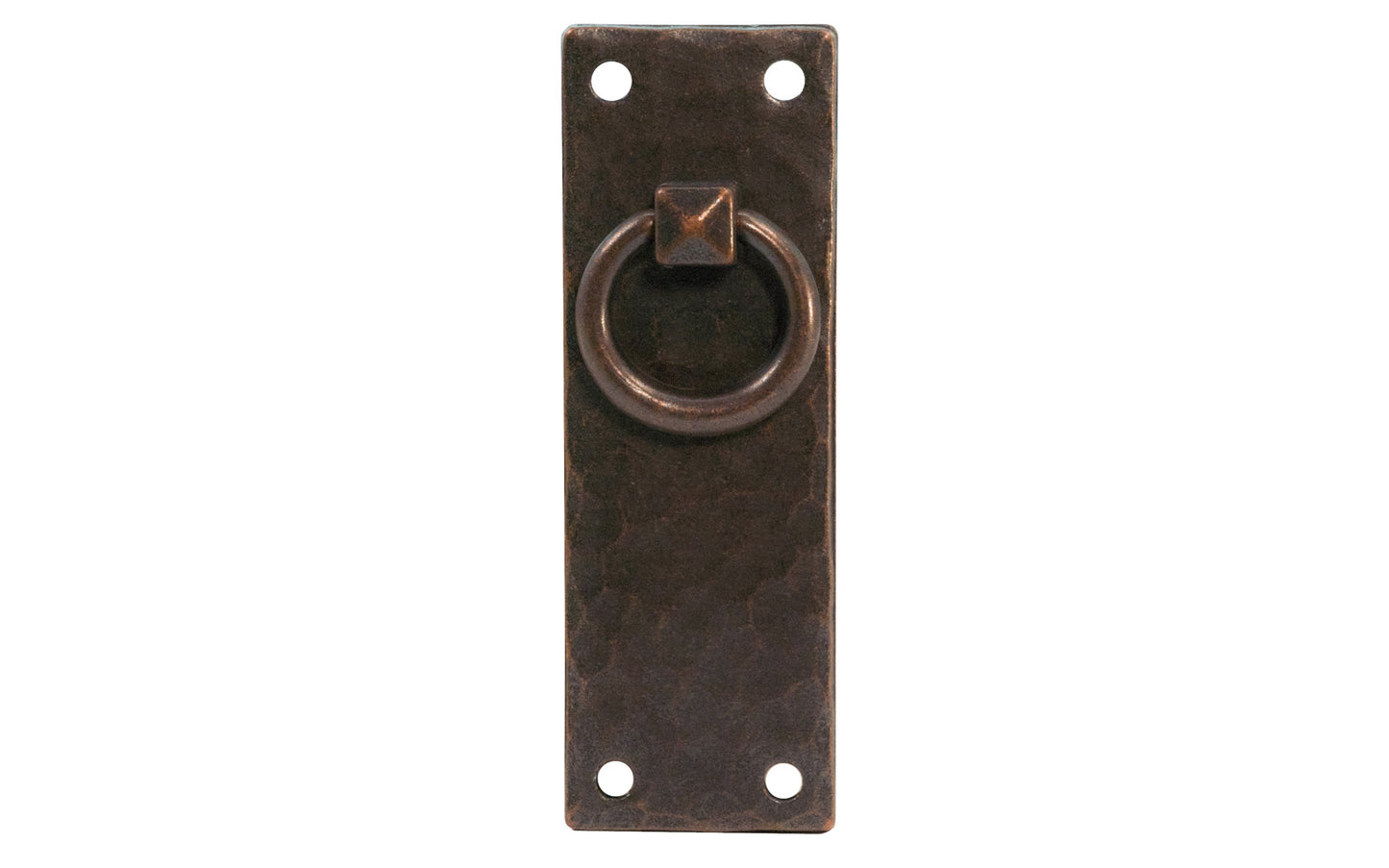 Vintage-style Hardware · Solid Brass Hammered Vertical Ring Drop Pull. Designed in the Mission or Arts & Crafts style, Gustav Stickley style hardware. Rustic hammered drop pull. Antique copper finish. Four round-head slotted screws. Thick solid brass drop pull plate. 4" high x 1-3/8" wide plate. Reproduction hardware.