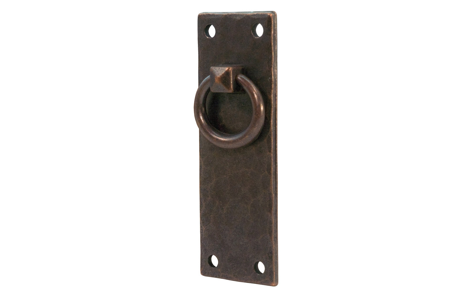 Vintage-style Hardware · Solid Brass Hammered Vertical Ring Drop Pull. Designed in the Mission or Arts & Crafts style, Gustav Stickley style hardware. Rustic hammered drop pull. Antique copper finish. Four round-head slotted screws. Thick solid brass drop pull plate. 4" high x 1-3/8" wide plate. Reproduction hardware.
