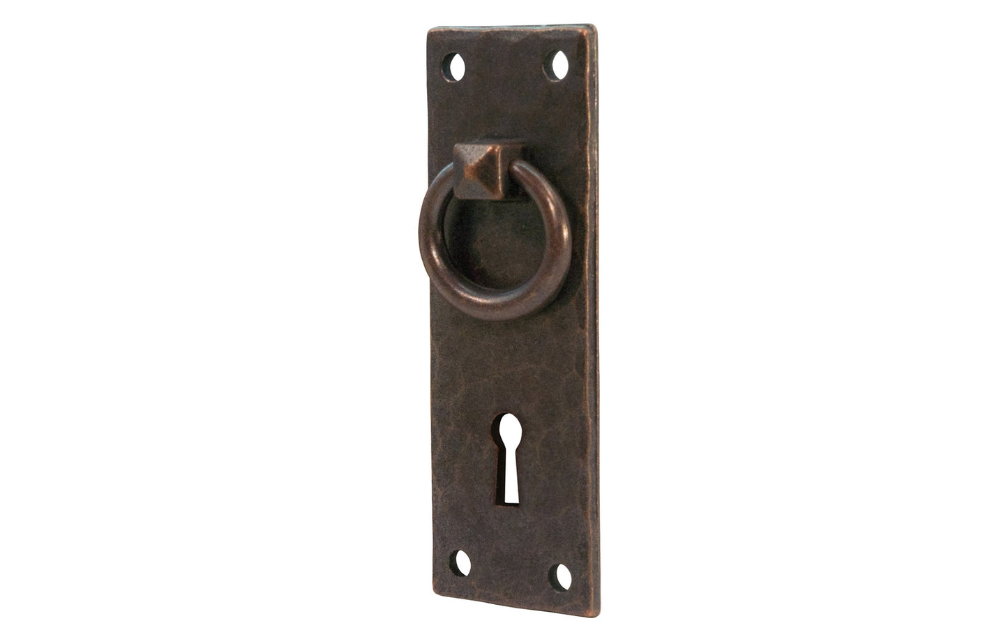 Vintage-style Hardware · Solid Brass Hammered Ring Drop Pull with keyhole. Designed in the Mission or Arts & Crafts style, Gustav Stickley style hardware. Rustic hammered drop pull. Antique copper finish. Round-head slotted screws. Thick solid brass drop pull plate. 4" high x 1-3/8" wide plate. Reproduction hardware.