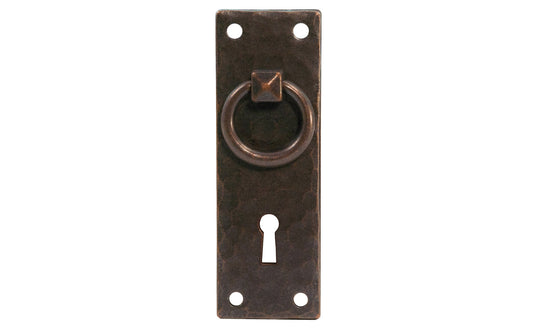 Vintage-style Hardware · Solid Brass Hammered Ring Drop Pull with keyhole. Designed in the Mission or Arts & Crafts style, Gustav Stickley style hardware. Rustic hammered drop pull. Antique copper finish. Round-head slotted screws. Thick solid brass drop pull plate. 4" high x 1-3/8" wide plate. Reproduction hardware.