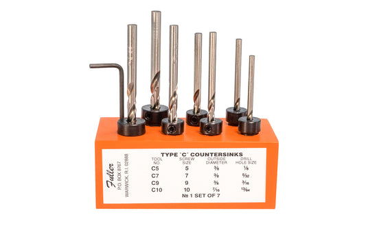 WL Fuller Combination Countersink & tapered bit together ~ Model 10390001T - No. 1 Set of 7 ~ For use in all woods & plastics. Taper Point Drill Bit & Countersinks. C5 for #5 screws,  C6 for #6 screws,  C7 for #7 screws, C8 for #8 screws, C9 for #9 screws, C10 for #10 screws, C12 for #12 screws. Made in USA. Wood Block