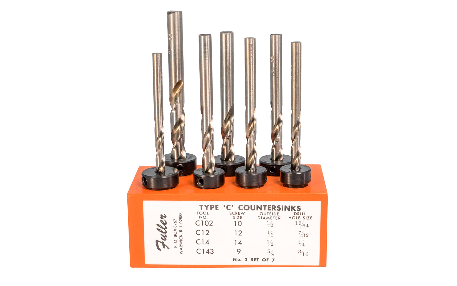 WL Fuller Combination Countersink & tapered bit together ~ 10390002T - No. 2 Set of 7 ~ For all woods & plastics. Taper Point Drill Bit & Countersinks. C143 for #9 screws,  C102 for #10 screws,  C12 for #12 screws, C14 for #14 screws, C16 for #14 screws, C169 for #16 screws, C18 for #18 screws. Made in USA. Wood Block