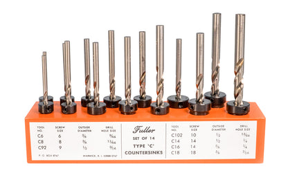WL Fuller Countersink & taper bit 14-piece set ~ 10390014T ~ C5 for #5 screw, C6 for #6 screw, C7 for #7 screw, C8 for #8 screw, C9 for #9 screw, C92 for #9 screw, C143 for #9 screw, C10 for #10 screw, C102 for #10 screw, C12 for #12 screw, C14 for #14 screw, C16 for #14 screw, C169 for #16 screw, C18 for #18 screw