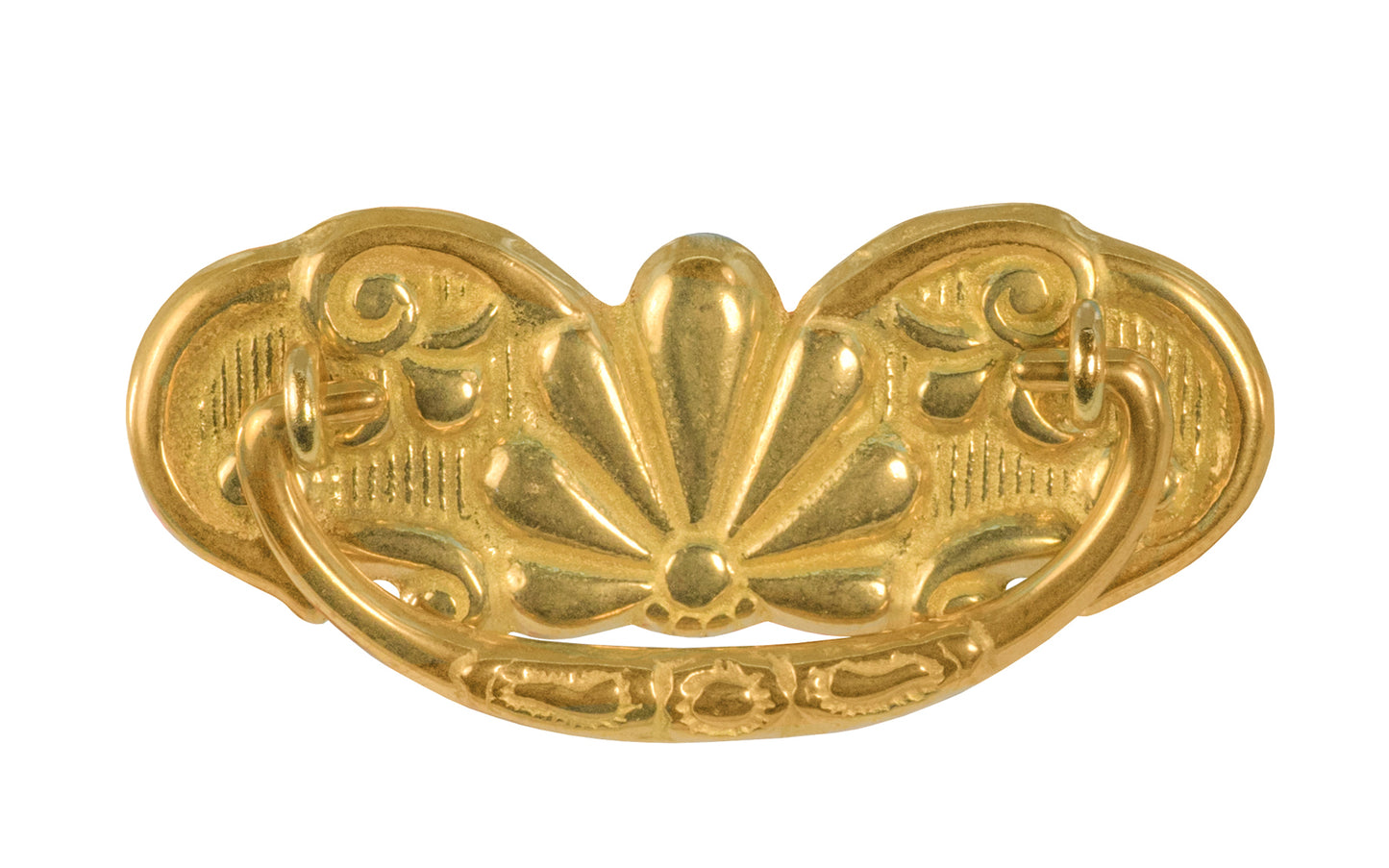 A traditional & ornate 3" on centers drop pull that's great for dressers, drawers, cabinets, tables, desks. Made of quality solid cast brass material, this drop pull is very durable with a nice look. Unlacquered brass material. 