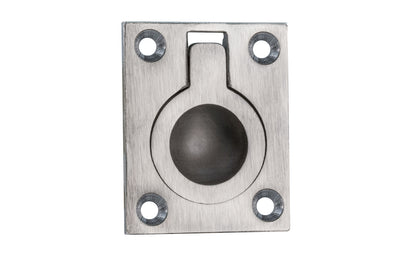 A classic & traditional flush mount recessed ring pull. High quality solid brass, this finger ring pull is thick & stout for durability. For sliding cabinet doors, trap doors, hatches, small boxes, etc. 1-3/4" high x 1-7/16" wide. Brushed Nickel Finish.