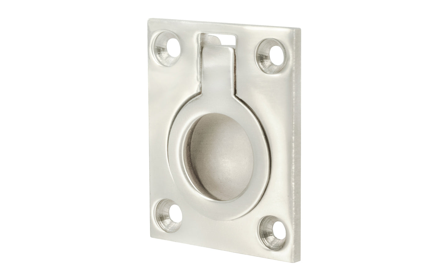 A classic & traditional flush mount recessed ring pull. High quality solid brass, this finger ring pull is thick & stout for durability. For sliding cabinet doors, trap doors, hatches, small boxes, etc. 1-3/4" high x 1-7/16" wide. Polished Nickel Finish