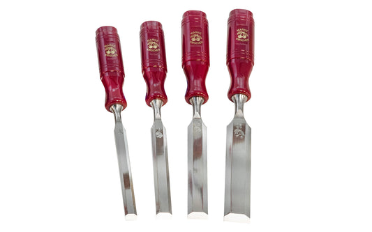 High quality 4-Piece Firmer Chisel Set made by Two Cherries in Germany. Hand forged of quality German steel. 3/8", 5/8", 3/4", 1" sizes (10 mm, 16 mm, 20 mm, 26 mm. Bevelled edges with a standard angle of 25°. High impact Cellulose acetate red plastic handles. 4-PC Set. High Carbon Steel. Short length & light pattern