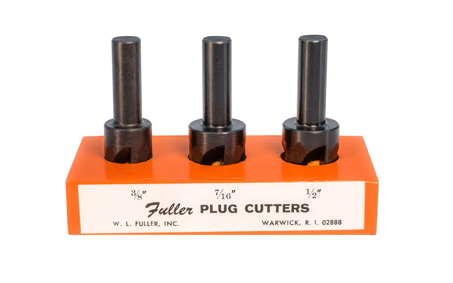 3-piece plug cutter set of sizes 3/8", 7/16", & 1/2" plug cutters - Model No. 11696003 - Made in USA · Set includes wood block holder - Made of carbon steel, heat treated, & hardened for long tool life ~ Four flutes for clean cutting & accurate boring ~ For use in soft woods & most hardwoods. 807200047756