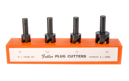 4-piece plug cutter set of sizes 3/8", 7/16", 1/2", & 5/8" plug cutters - Model No. 11696004 - Made in USA · Set includes wood block holder - Made of carbon steel, heat treated, & hardened for long tool life ~ Four flutes for clean cutting & accurate boring ~ For use in soft woods & most hardwoods. 807200047800