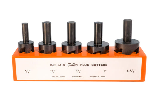 5-piece plug cutter set of sizes 5/8", 3/4", 7/8", 1", & 1-1/8" plug cutters - Model No. 11696005 - Made in USA · Set includes wood block holder - Made of carbon steel, heat treated, & hardened for long tool life ~ Four flutes for clean cutting & accurate boring ~ For use in soft woods & most hardwoods. 807200047855