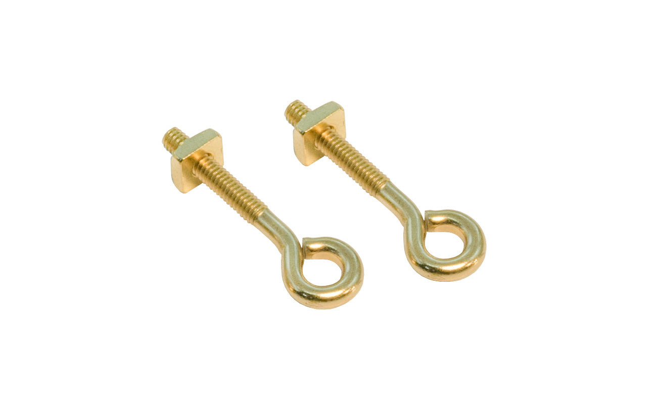 1-1/8" Eyelet Posts & Nuts for Drop Pulls - Pair. Eyelet posts are the standard & traditional posts for Victorian dresser drawer pulls & drop handles. Made of steel material & brass plated. Non-lacquered brass. Stem is 1-1/8" long ~ 1-5/8" overall length. Nuts included.