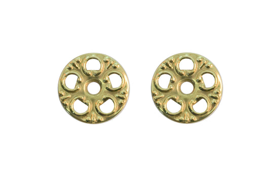 An ornate stamped brass 1-1/16" diameter backplate. These ornate pierced rosette backplates serve as back plates for knobs, bail pulls, etc. Sold as one pair. Non-lacquered brass (will patina & age over time).