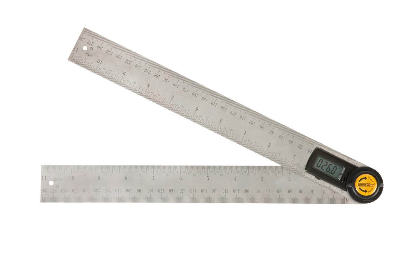 Check & transfer angle measurements & have a ready straight edge all in one tool. Compact 11" digital angle locator & ruler is made of durable stainless steel. The digital angle locator displays measurements digitally in degrees on an easy-to-read LCD display. Johnson Level Model 1888-1100. 1/32nds & mm graduations.