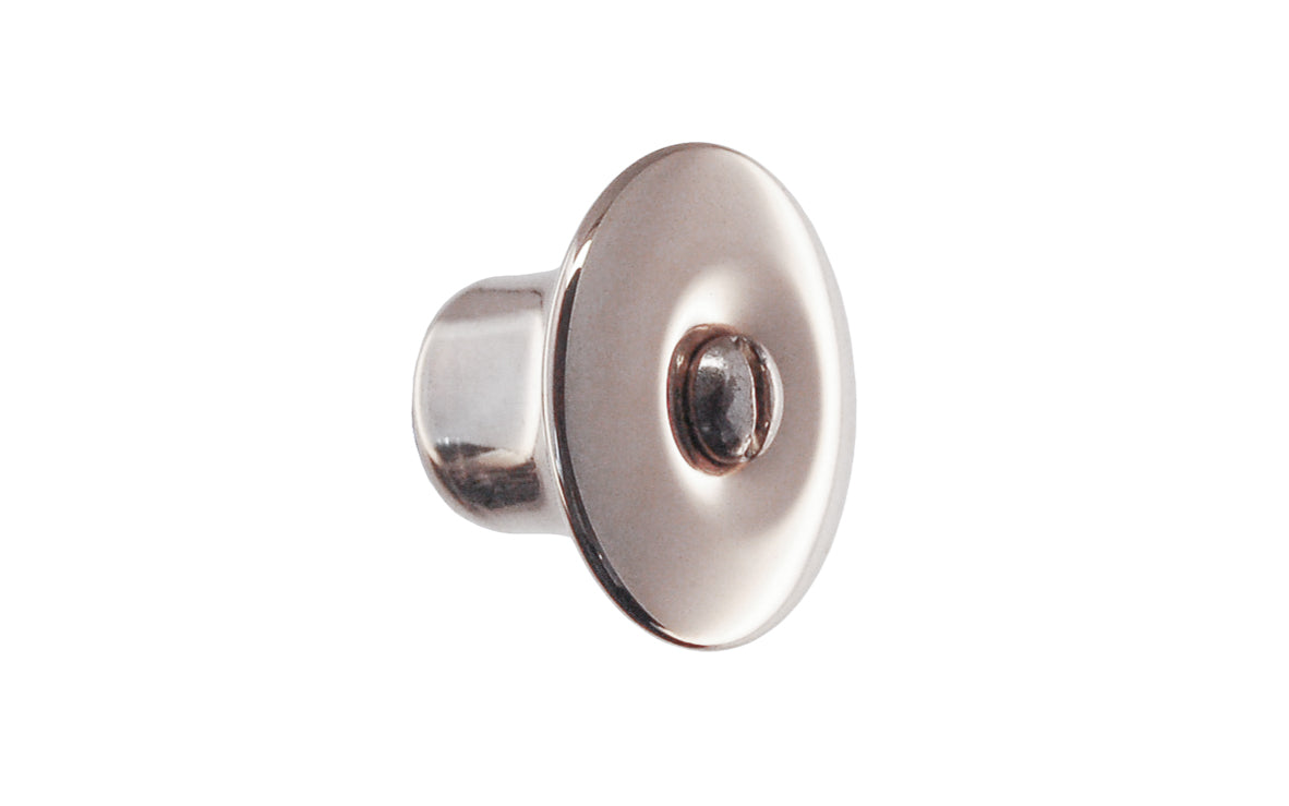Vintage-style Hardware · Stamped brass 1-1/8" diameter hoosier knob commonly used on "Hoosier" style kitchen cabinets from the turn of the century. Comes with a 2-1/2" long slotted thru bolt. Hoosier, Sellers, McDougall, Napanee, Wilson, Boone & others. Polished nickel finish