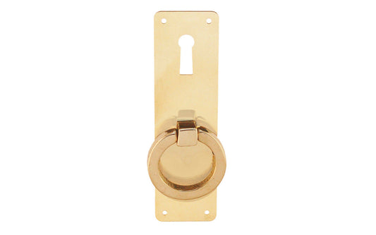 Vintage-style Hardware · Brass Ring-Pull Plate with Keyhole. Backplate is made of quality stamped brass material with a solid brass ring-pull. Mission / Arts & Crafts style. Non-lacquered brass (the unlacquered brass will patina over time). Authentic reproduction hardware. Cabinet Ring Pull with Keyhole.