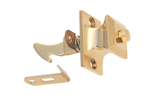 An unlacquered brass cabinet push-button latch square knob. The spring action push button can be adjusted for different widths of cabinet doors. Designed for door thickness ranging from 1/4" to 3/4". Push Button Catch Knob Pull. The cabinet catch is designed in the Mission-style / Arts and Crafts style of hardware.