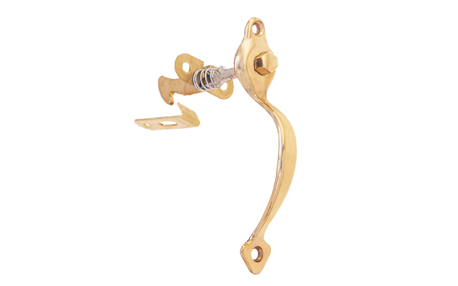 An unlacquered brass cabinet push-button latch handle pull. The spring action push button can be adjusted for different widths of cabinet doors. Designed for door thickness ranging from 1/2" to 1". Push Button Catch Handle Pull. Cabinet catch is designed in the late 19th century / early 20th century style of hardware.