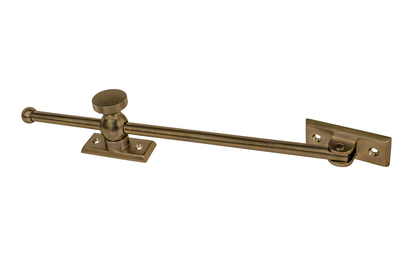 Vintage-style Classic & Premium Solid Brass Casement Adjuster Stay ~ 12" Length. For securing outswing casement windows. It has a durable pivot turn with a knurled knob for smooth & secure operation. Antique Brass Finish