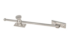Vintage-style Classic & Premium Solid Brass Casement Adjuster Stay ~ 12" Length. For securing outswing casement windows. It has a durable pivot turn with a knurled knob for smooth & secure operation. Brushed Nickel Finish