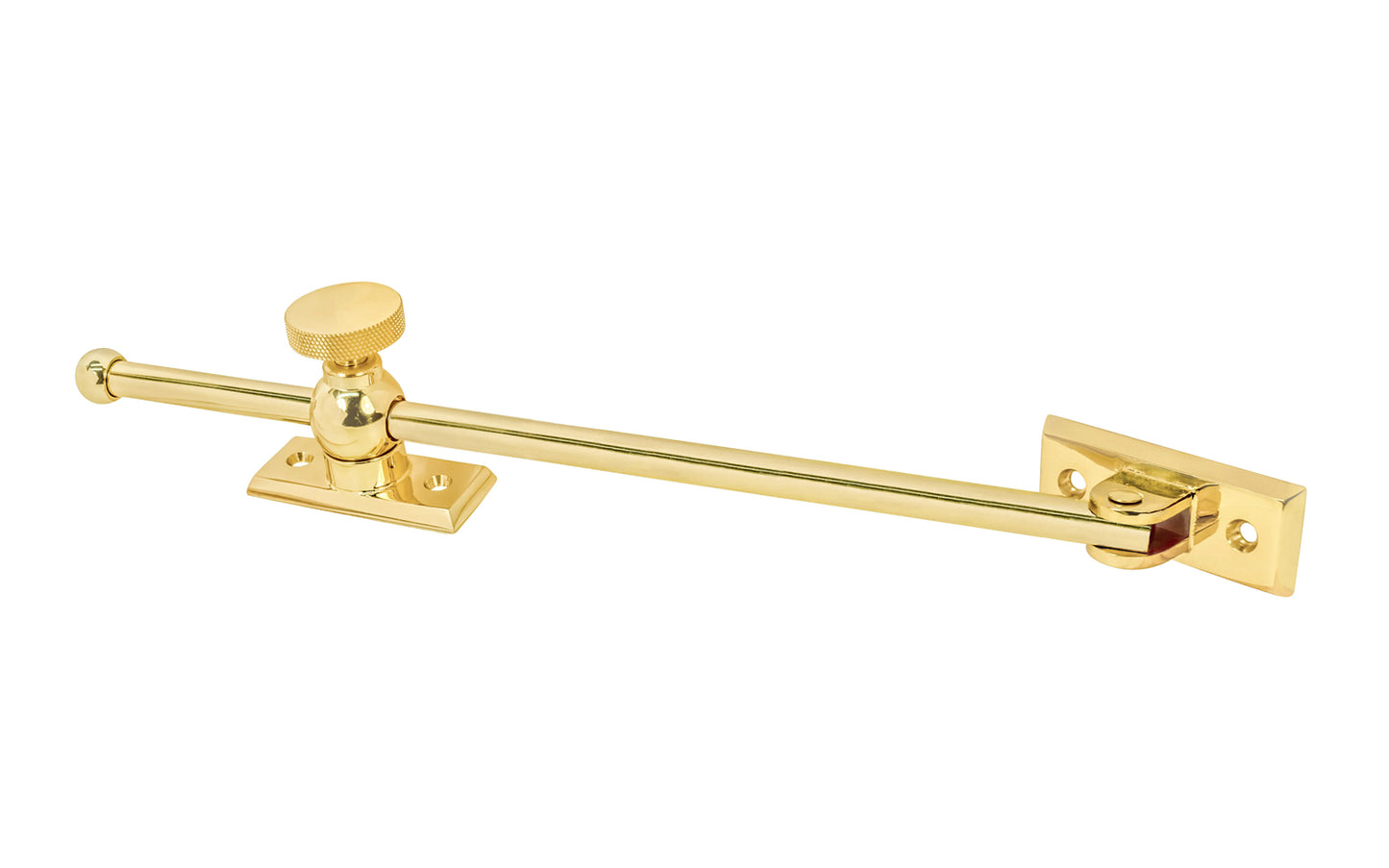 Vintage-style Classic & Premium Solid Brass Casement Adjuster Stay ~ 12" Length. For securing outswing casement windows. It has a durable pivot turn with a knurled knob for smooth & secure operation. Lacquered Brass Finish