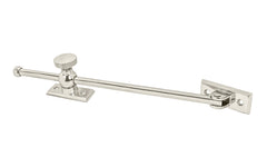 Vintage-style Classic & Premium Solid Brass Casement Adjuster Stay ~ 12" Length. For securing outswing casement windows. It has a durable pivot turn with a knurled knob for smooth & secure operation. Polished Nickel Finish