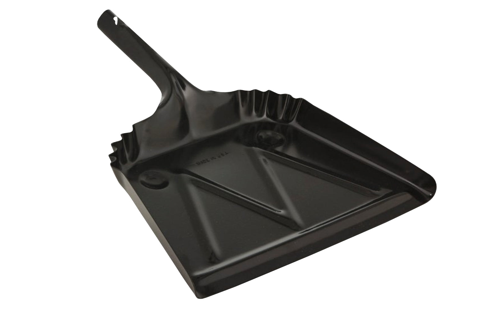 USA-made 12" metal dust pan. Black metal janitor dust pan is 20 gauge steel. Baked enamel finish is durable with a beveled edge. Corrugated ribs add to strength. The depth of the back of the dust pan is 1-1/2" deep. Hang up hole in handle for storage. General purpose cleaning & the workshop area.  Made in USA.