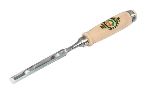 Made in Germany ~ Two Cherries · 1001 series ~ high carbon steel ~ Tempered to Rc61 Rockwell ~ Varnished flat Hornbeam handle - Stechbeitel - Firmer Chisel - short length, light pattern, bevelled edges, Flat hornbeam handle - bevel edge - steel ferrule ~ Use with mallets - 12 mm - 12MM Wide - 4016649101257 - 1001/012