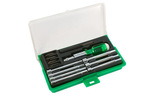 Japanese-made 13-piece SAE Nut Driver & Screwdriver Set has 3/16",  7/32",  1/4",   9/32", 11/32", 3/8" nut driver sizes. 1/8",  3/16",  1/4",  7/32" slotted screwdriver bit blade sizes, & No. 1, No. 2, No. 3, No. 4 phillips screwdriver blade bit sizes. 4" magnetic extension blade. Ratcheting screwdriver. Made in Japan